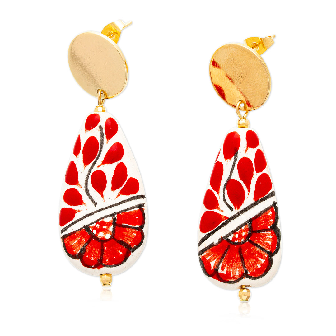 Floral Red Gold-Accented Drop-Shaped Ceramic Dangle Earrings - Passionate Rain