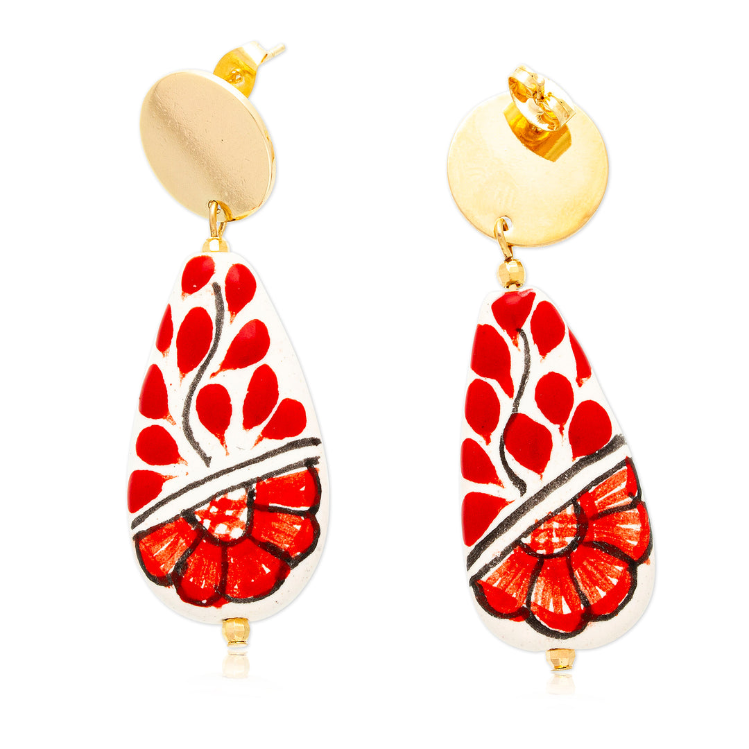 Floral Red Gold-Accented Drop-Shaped Ceramic Dangle Earrings - Passionate Rain