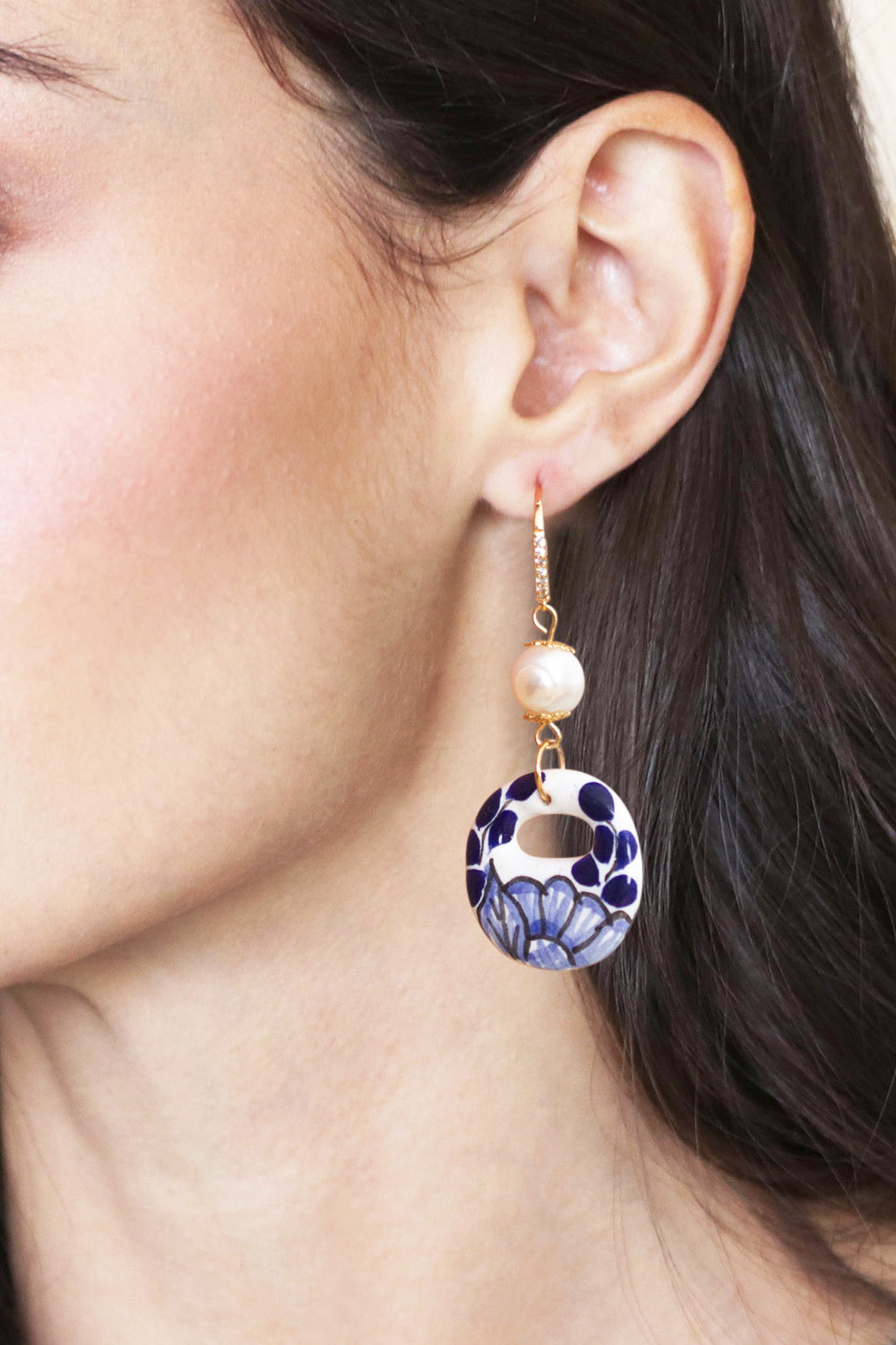 Cultured Pearl and Blue Talavera Ceramic Dangle Earrings - Cobalt Eclipse