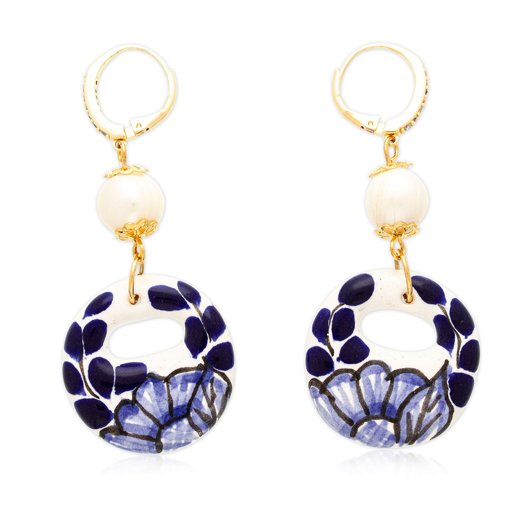 Cultured Pearl and Blue Talavera Ceramic Dangle Earrings - Cobalt Eclipse