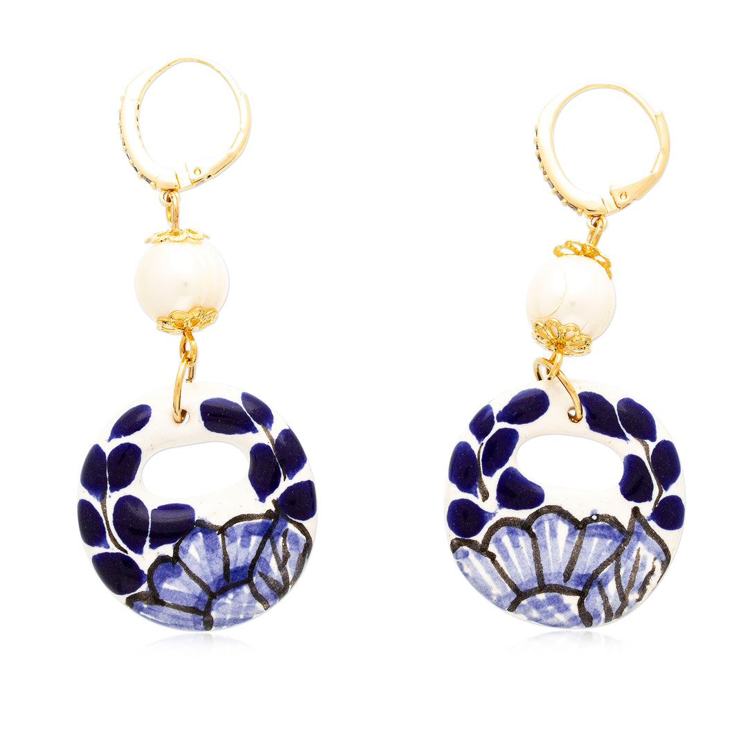 Cultured Pearl and Blue Talavera Ceramic Dangle Earrings - Cobalt Eclipse