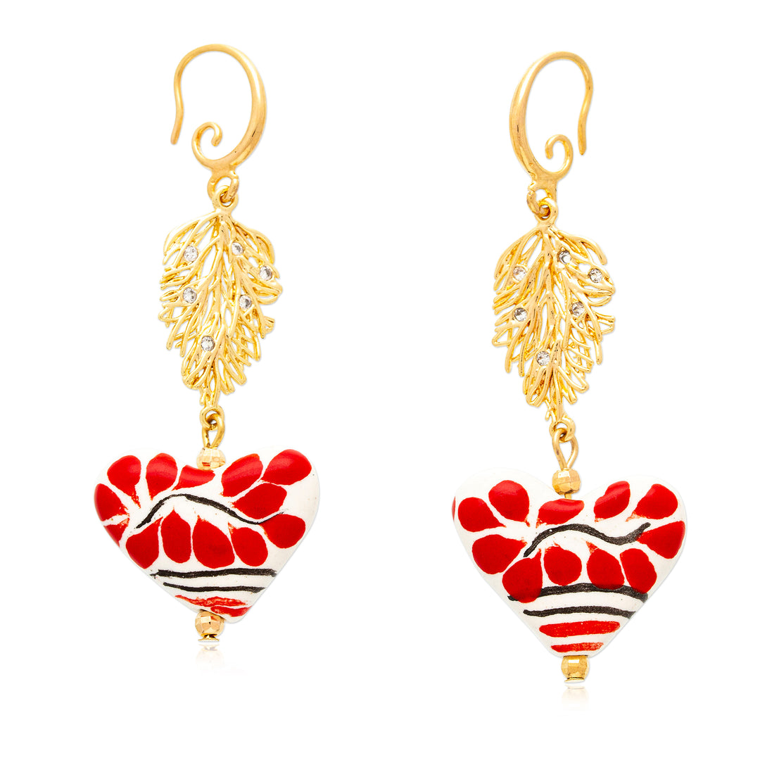 14k Gold-Accented Leaf Heart-Shaped Ceramic Dangle Earrings - Talavera Romance