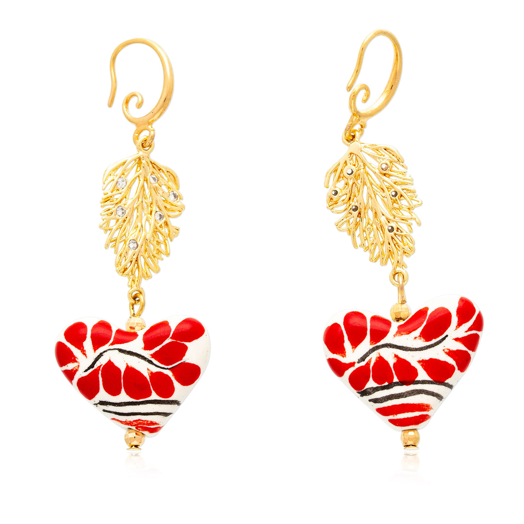 14k Gold-Accented Leaf Heart-Shaped Ceramic Dangle Earrings - Talavera Romance