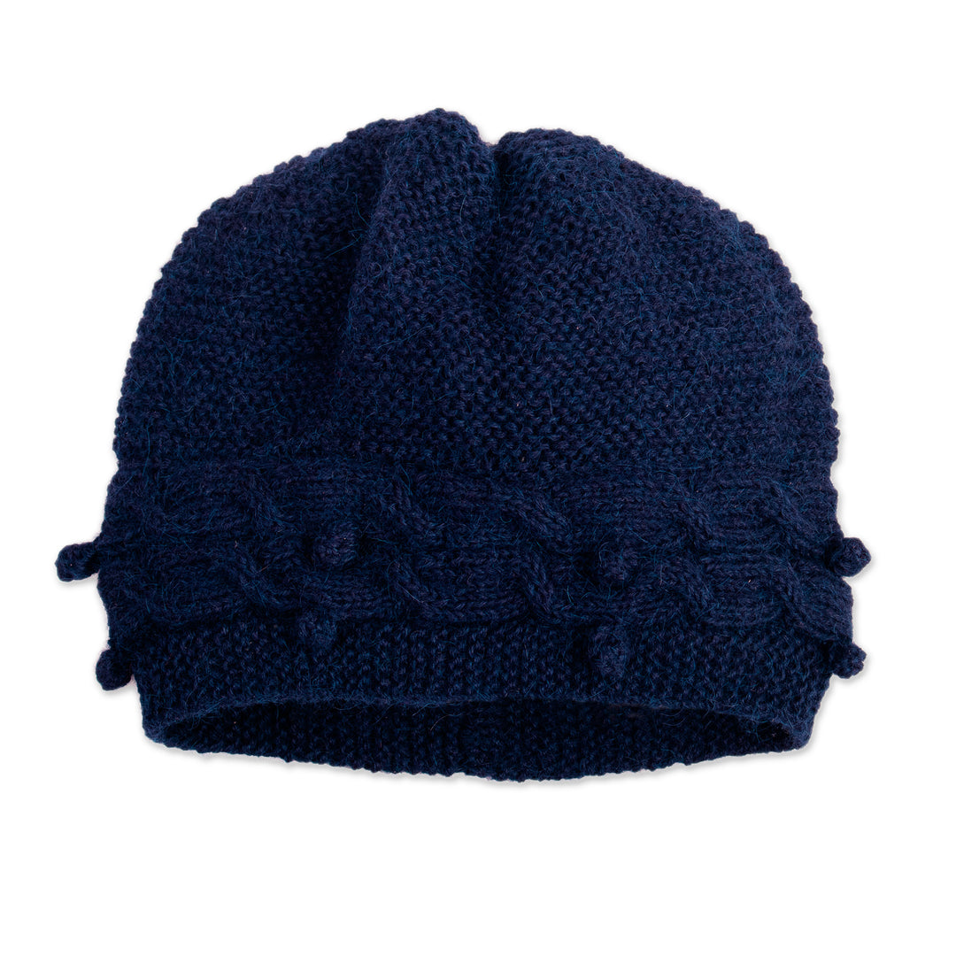 Artisan-Made 100% Alpaca Knit Hat in a Solid Indigo Blue Hue - Crossed Paths in Indigo