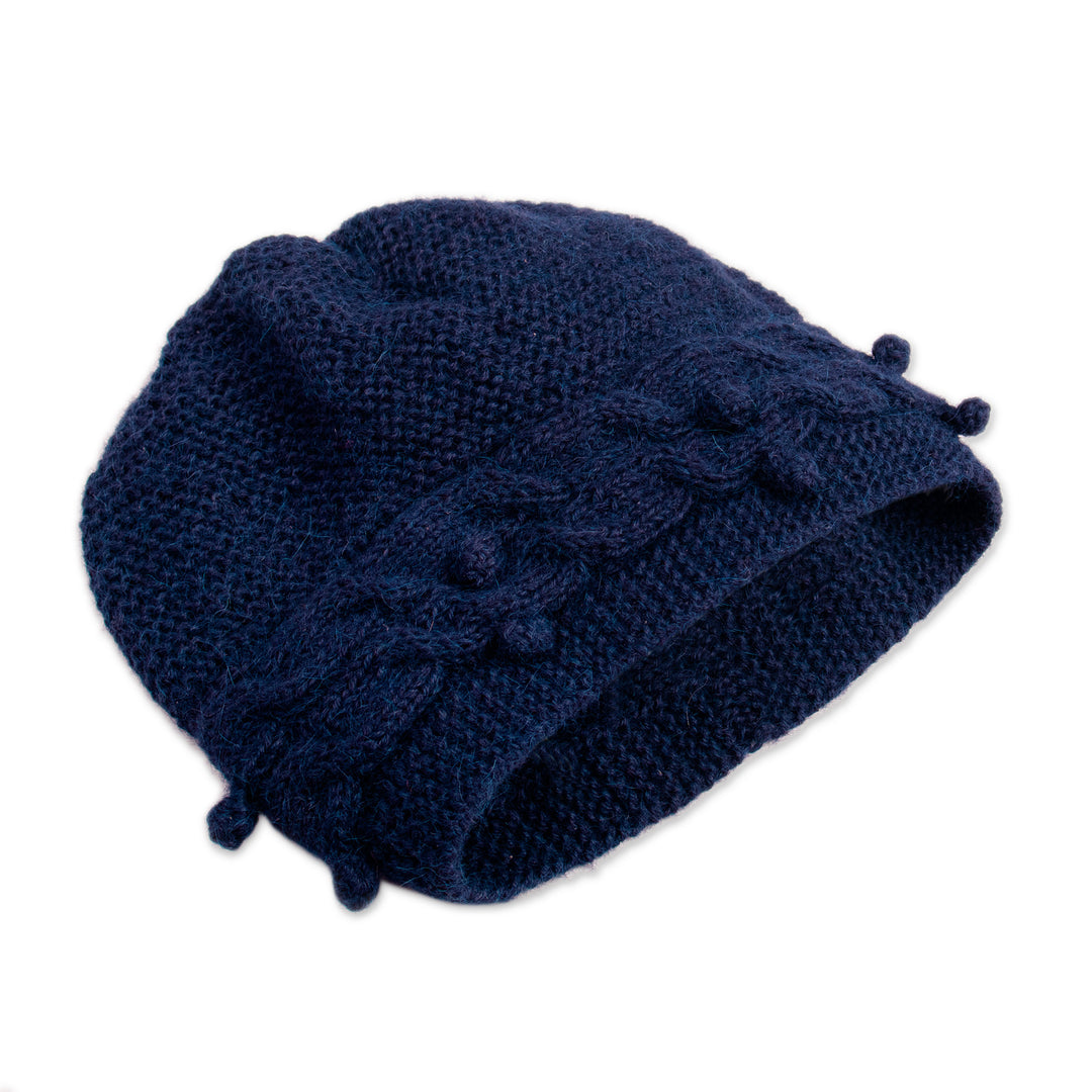 Artisan-Made 100% Alpaca Knit Hat in a Solid Indigo Blue Hue - Crossed Paths in Indigo