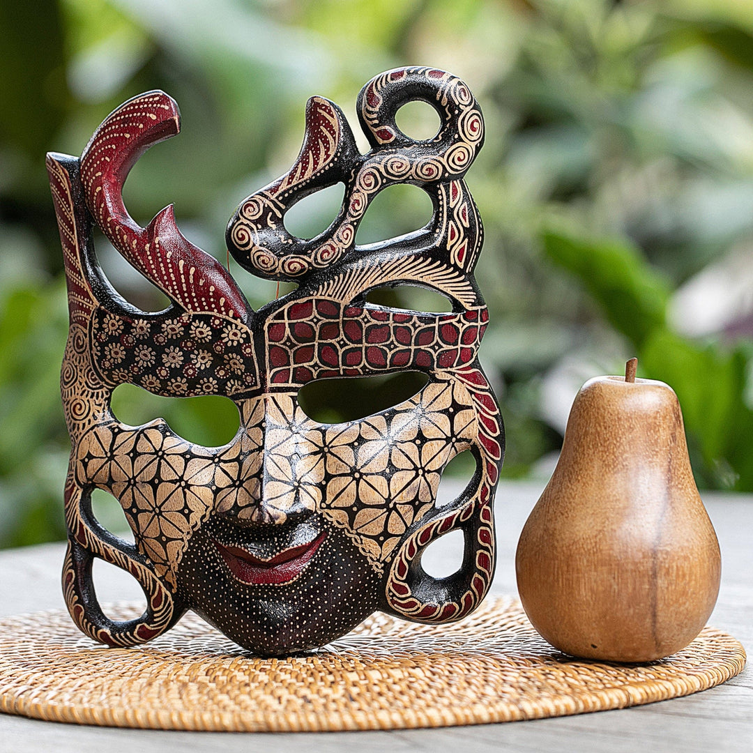 Hand-Drawn Batik-Patterned Pule Wood Mask Crafted in Java - Classic Woman