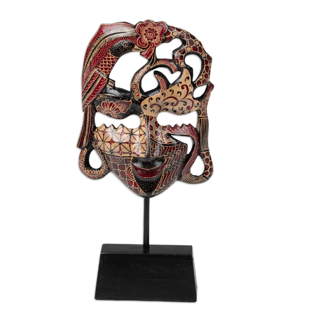 Traditional Batik Red and Brown Pule Wood Mask with Stand - Queen of Forest