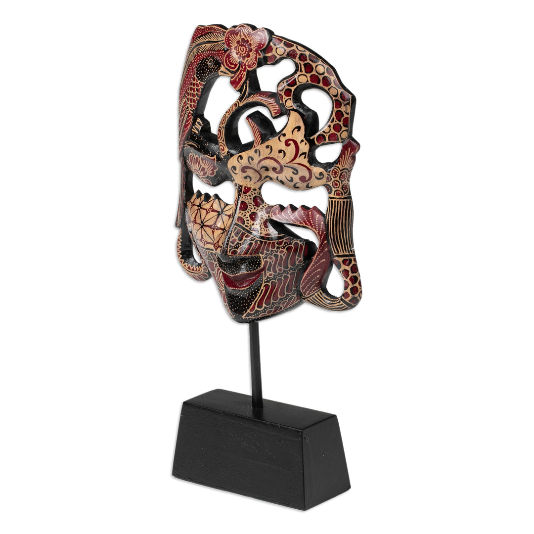 Traditional Batik Red and Brown Pule Wood Mask with Stand - Queen of Forest