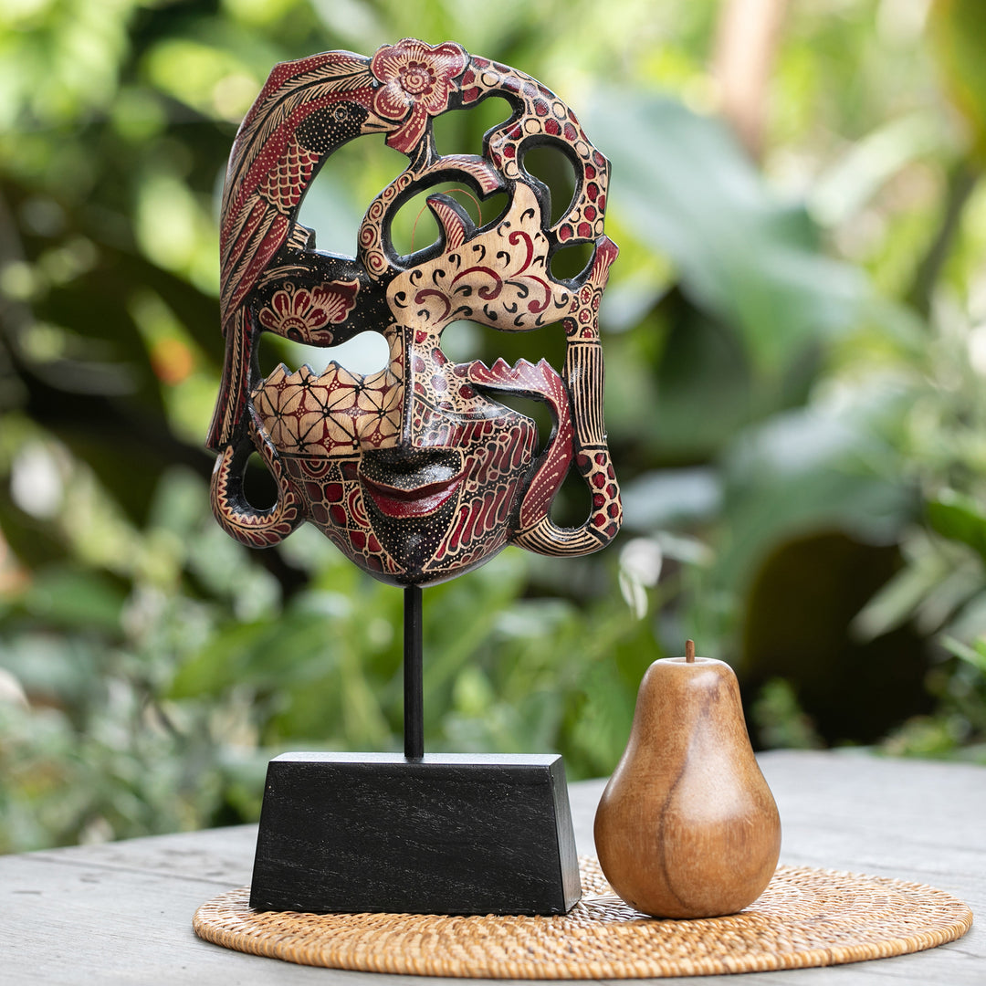 Traditional Batik Red and Brown Pule Wood Mask with Stand - Queen of Forest