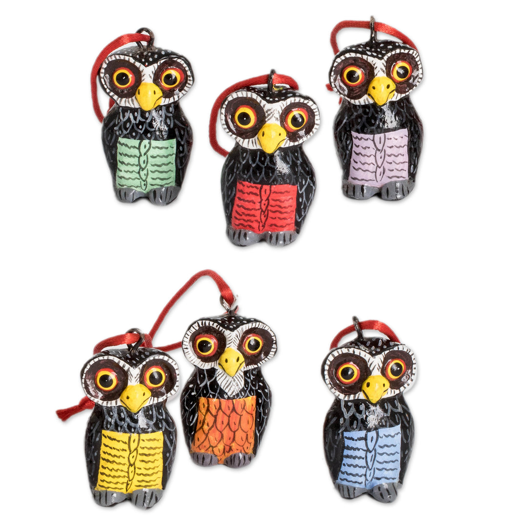 Set of 6 Hand-Painted Whimsical Ceramic Owl Ornaments - Sweet Friends