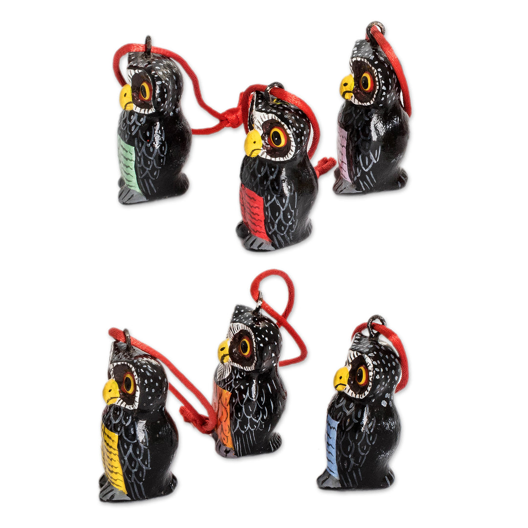 Set of 6 Hand-Painted Whimsical Ceramic Owl Ornaments - Sweet Friends