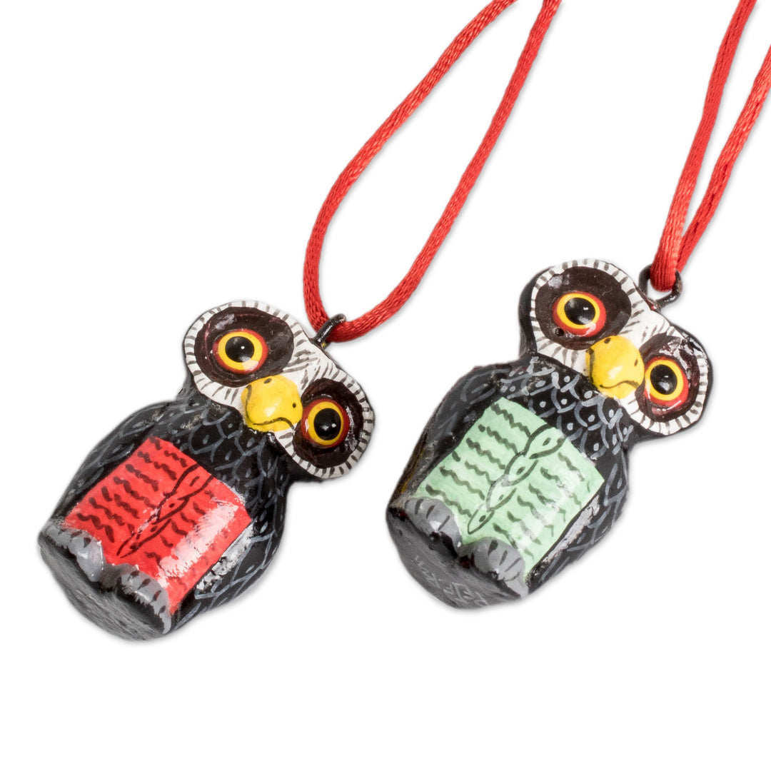 Set of 6 Hand-Painted Whimsical Ceramic Owl Ornaments - Sweet Friends