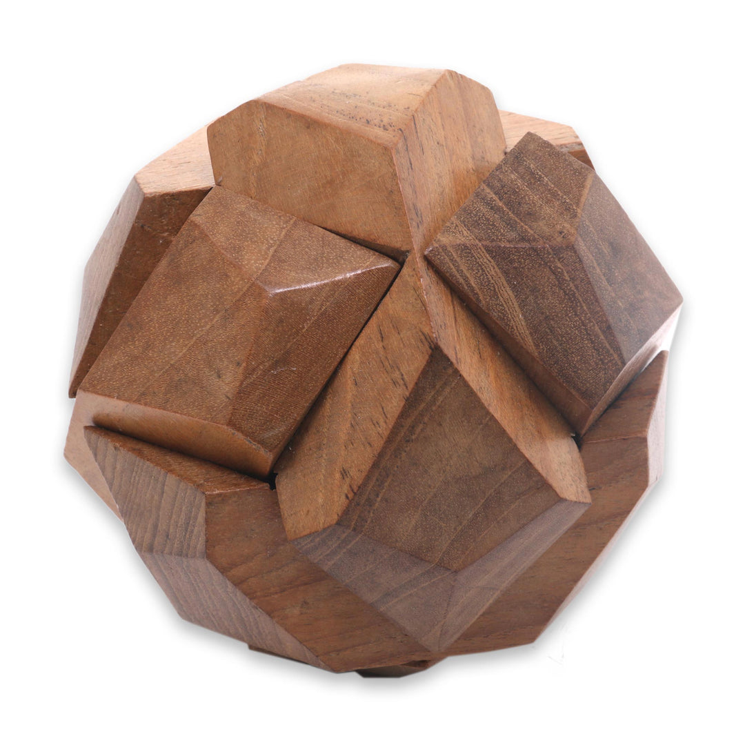Fair Trade Round Hand Carved Teak Wood Puzzle Ball - Soccer Ball