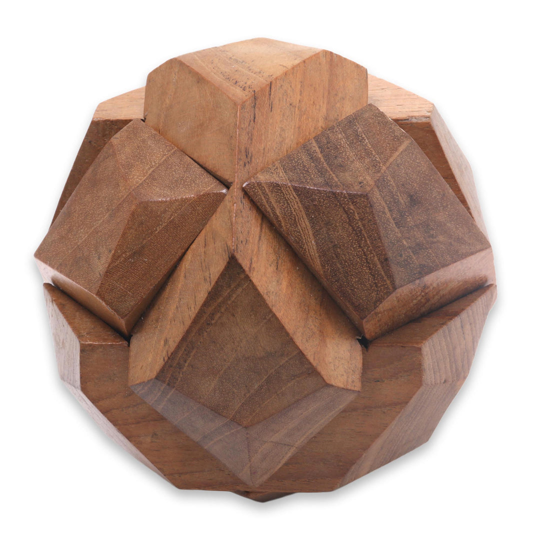 Fair Trade Round Hand Carved Teak Wood Puzzle Ball - Soccer Ball