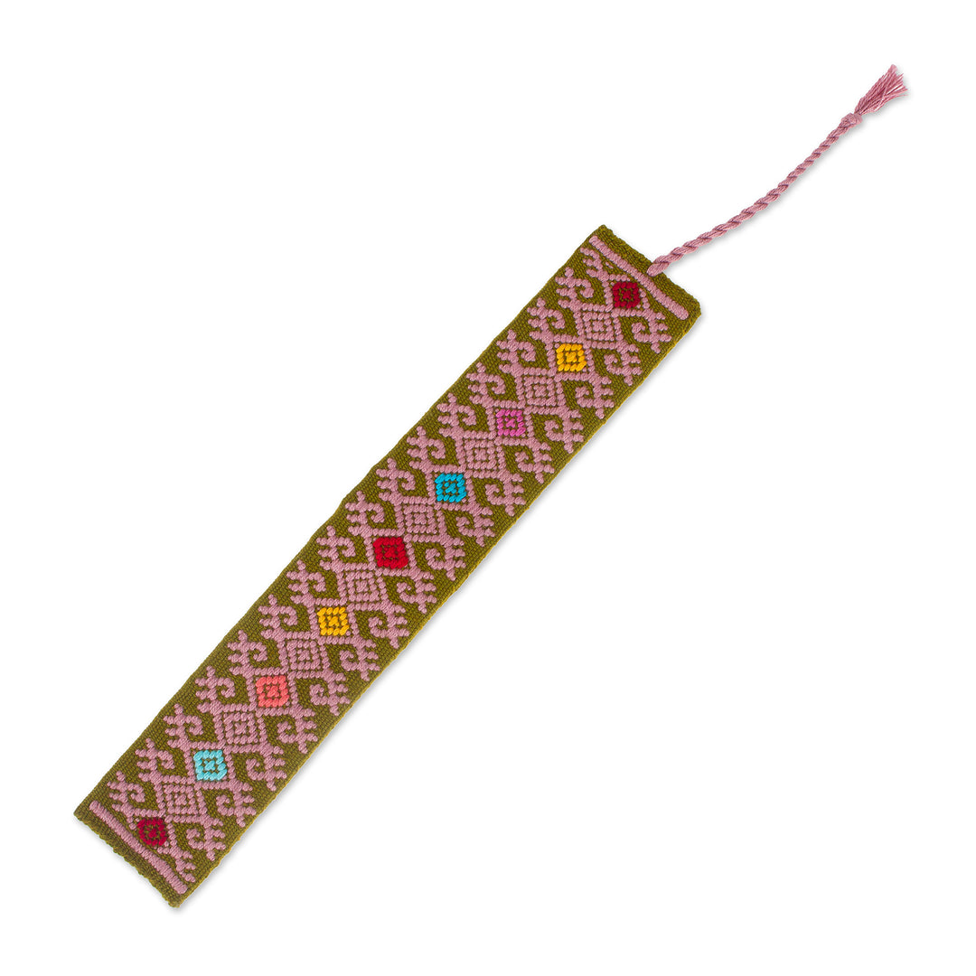 Diamond-Patterned Olive Green and Mauve Cotton Bookmark - Tale of Heritage