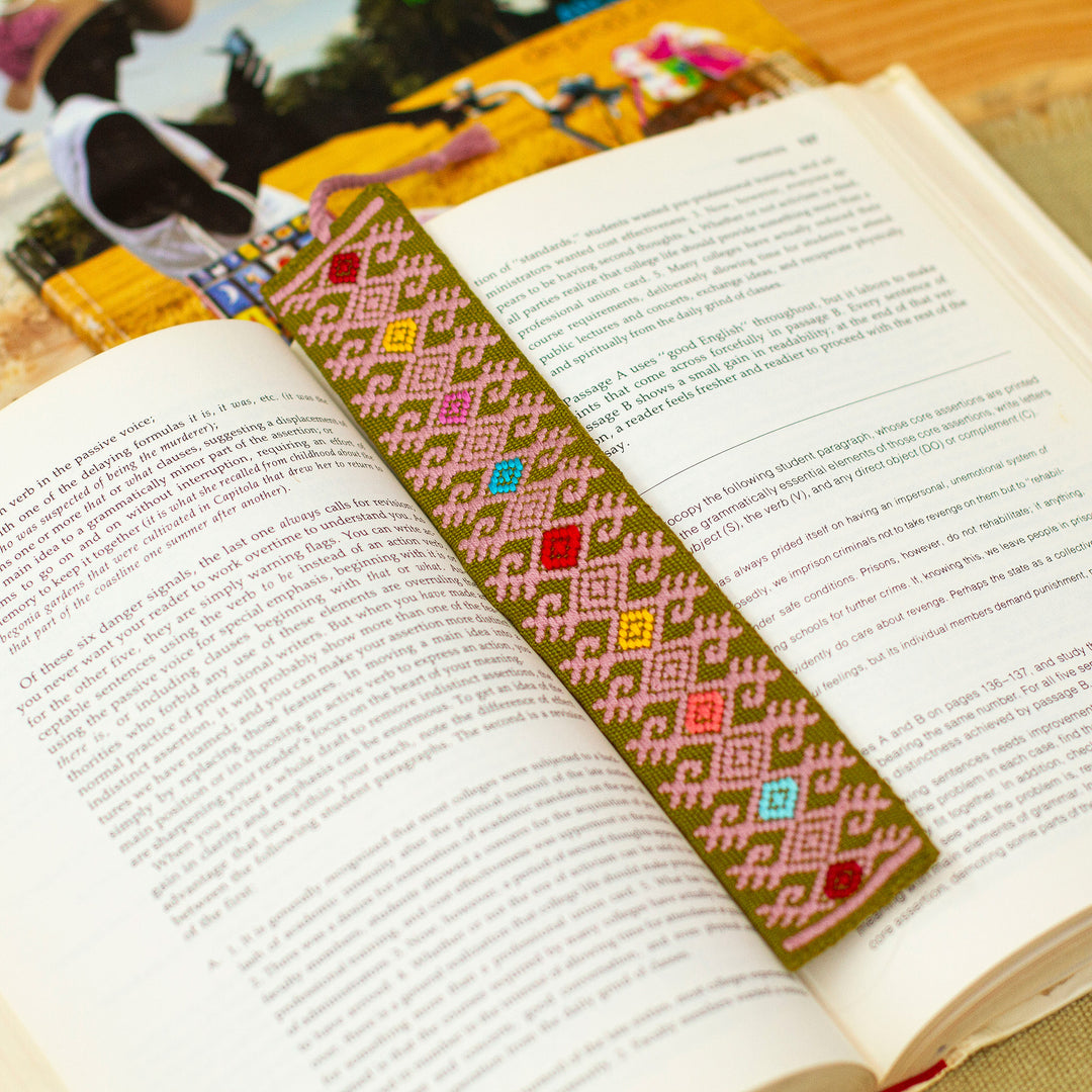 Diamond-Patterned Olive Green and Mauve Cotton Bookmark - Tale of Heritage
