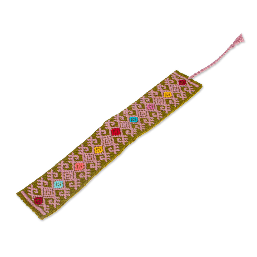 Diamond-Patterned Olive Green and Mauve Cotton Bookmark - Tale of Heritage