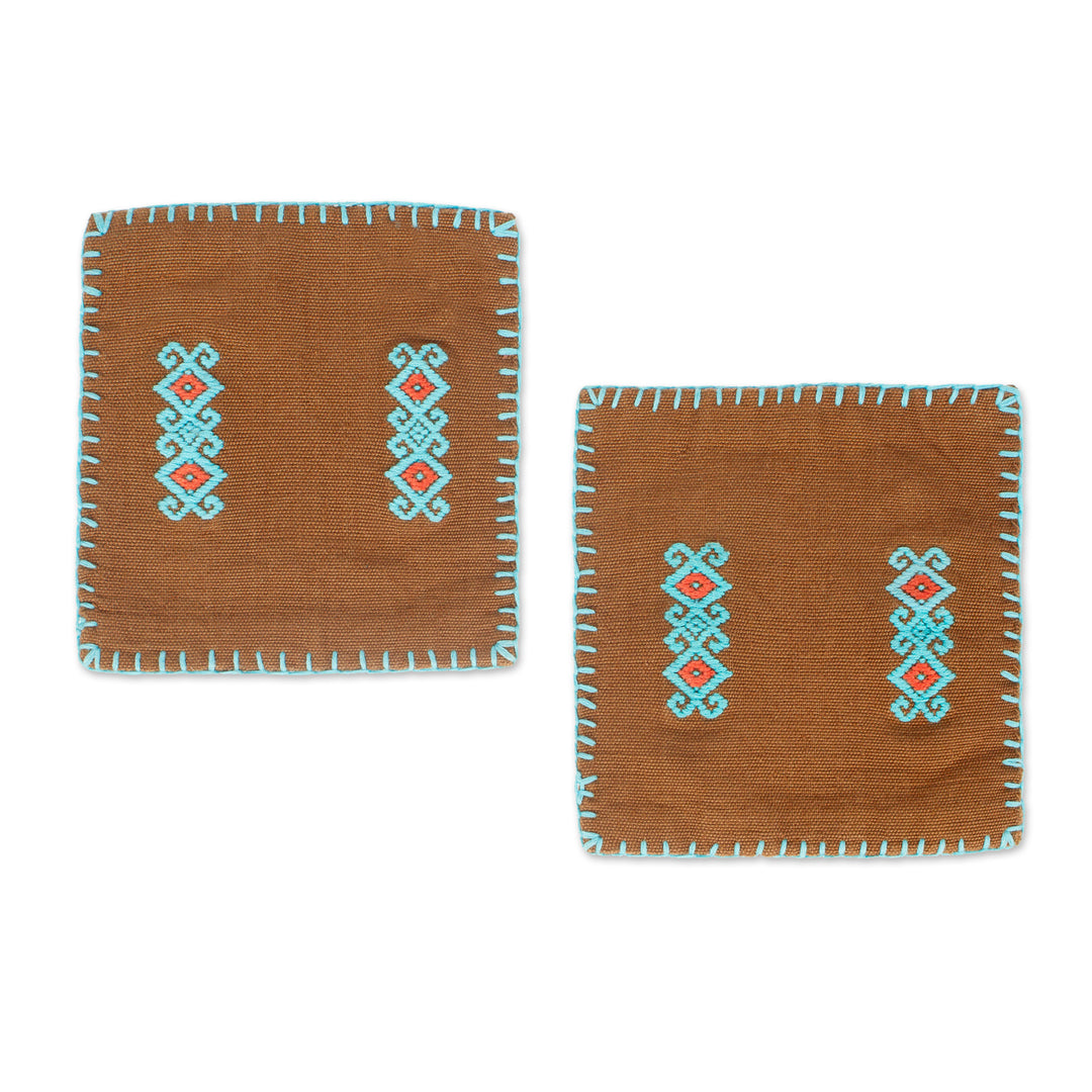 Pair of Folk Art-Themed Brown and Turquoise Cotton Coasters - Folk Art Drinks