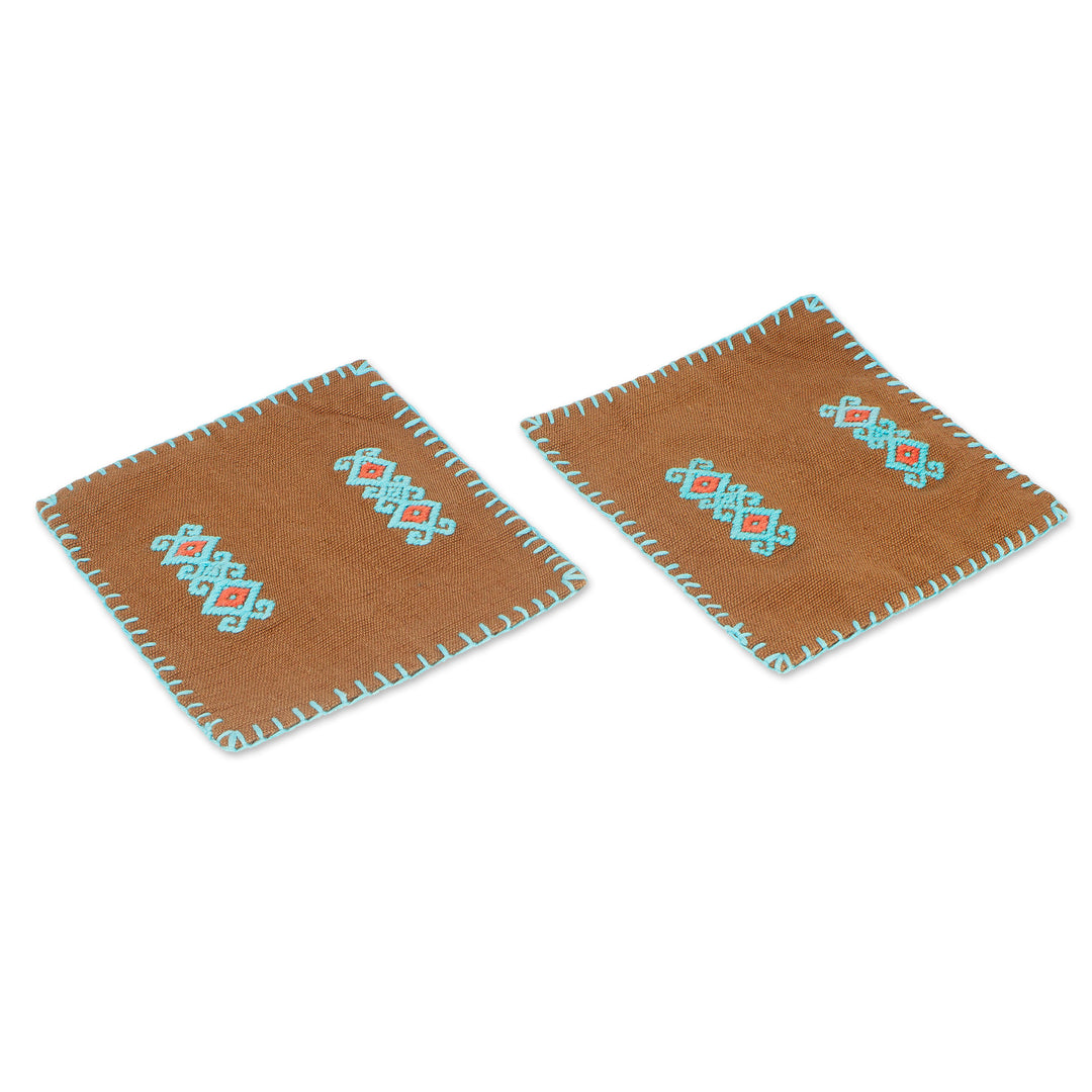 Pair of Folk Art-Themed Brown and Turquoise Cotton Coasters - Folk Art Drinks