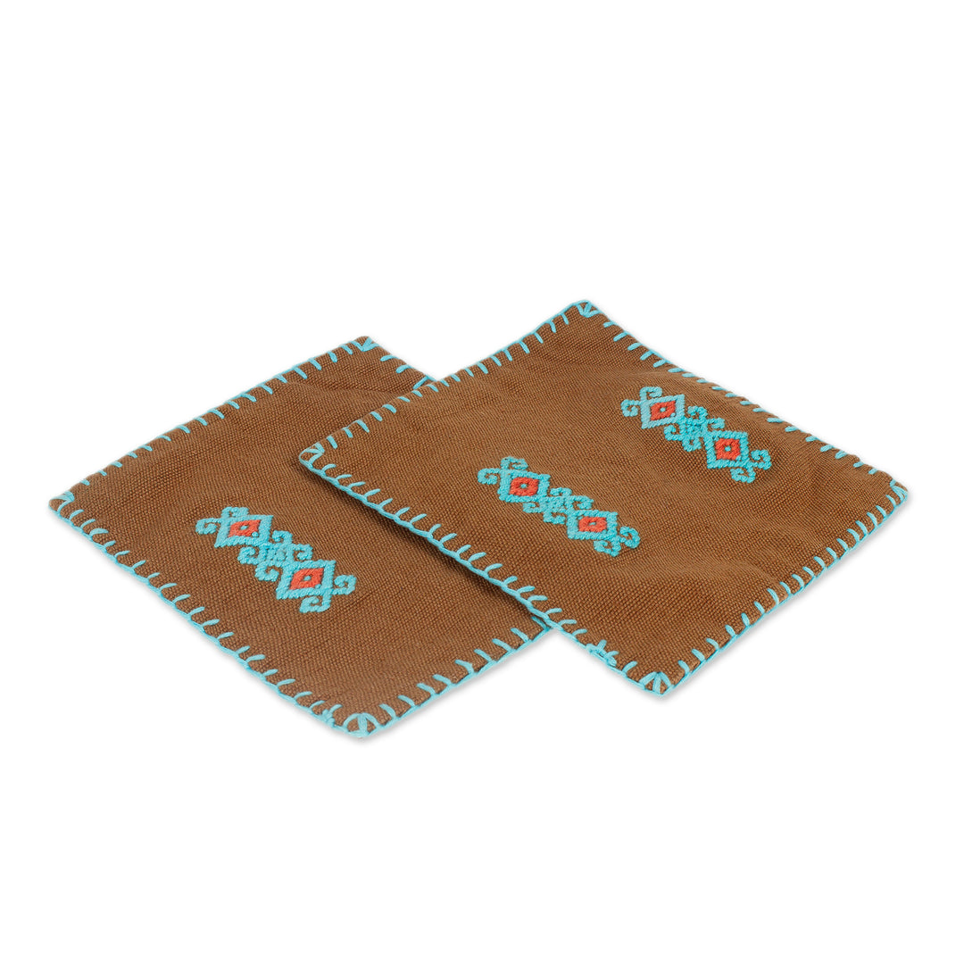 Pair of Folk Art-Themed Brown and Turquoise Cotton Coasters - Folk Art Drinks