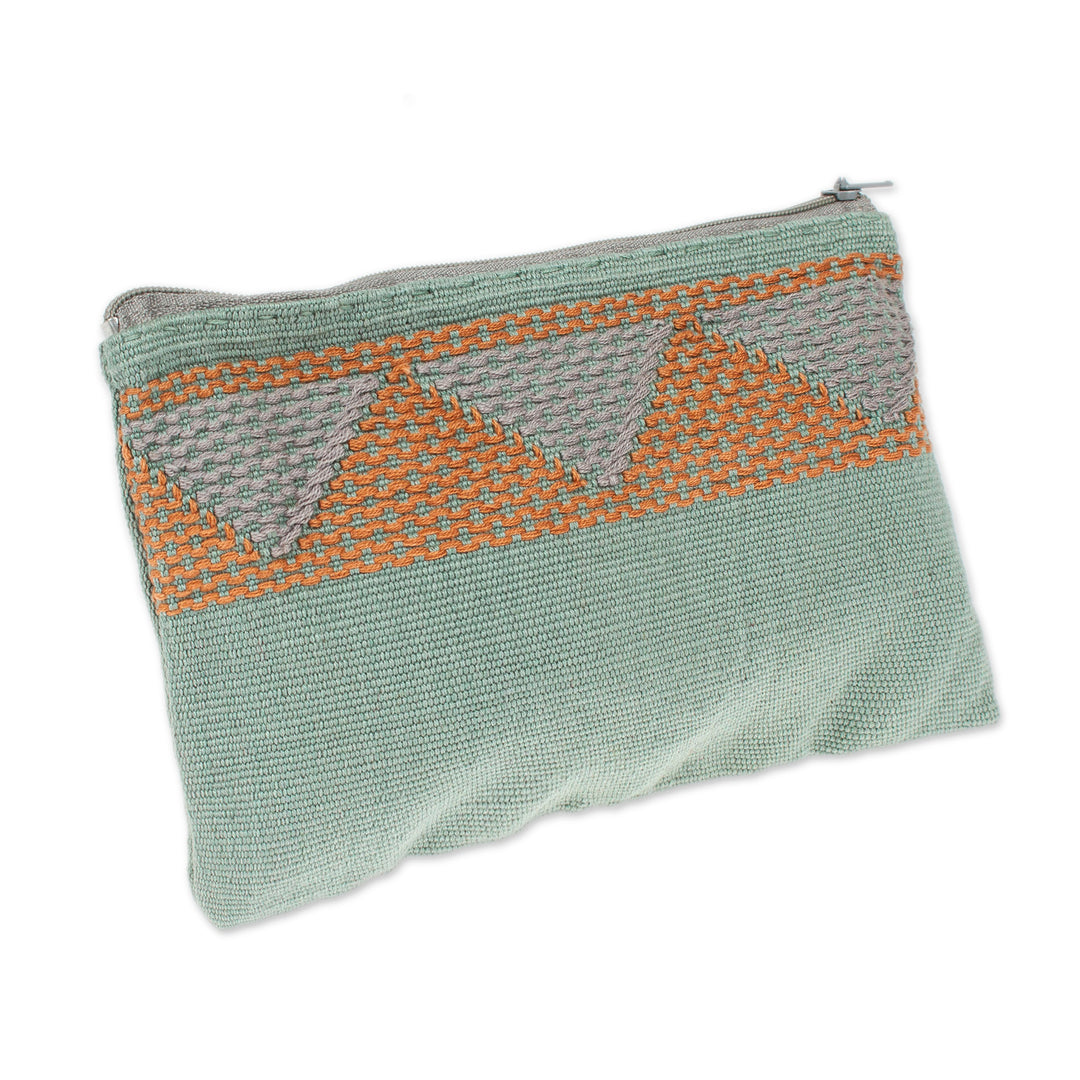 Woven Triangle-Patterned Aloe and Orange Cotton Coin Purse - Aloe Orange
