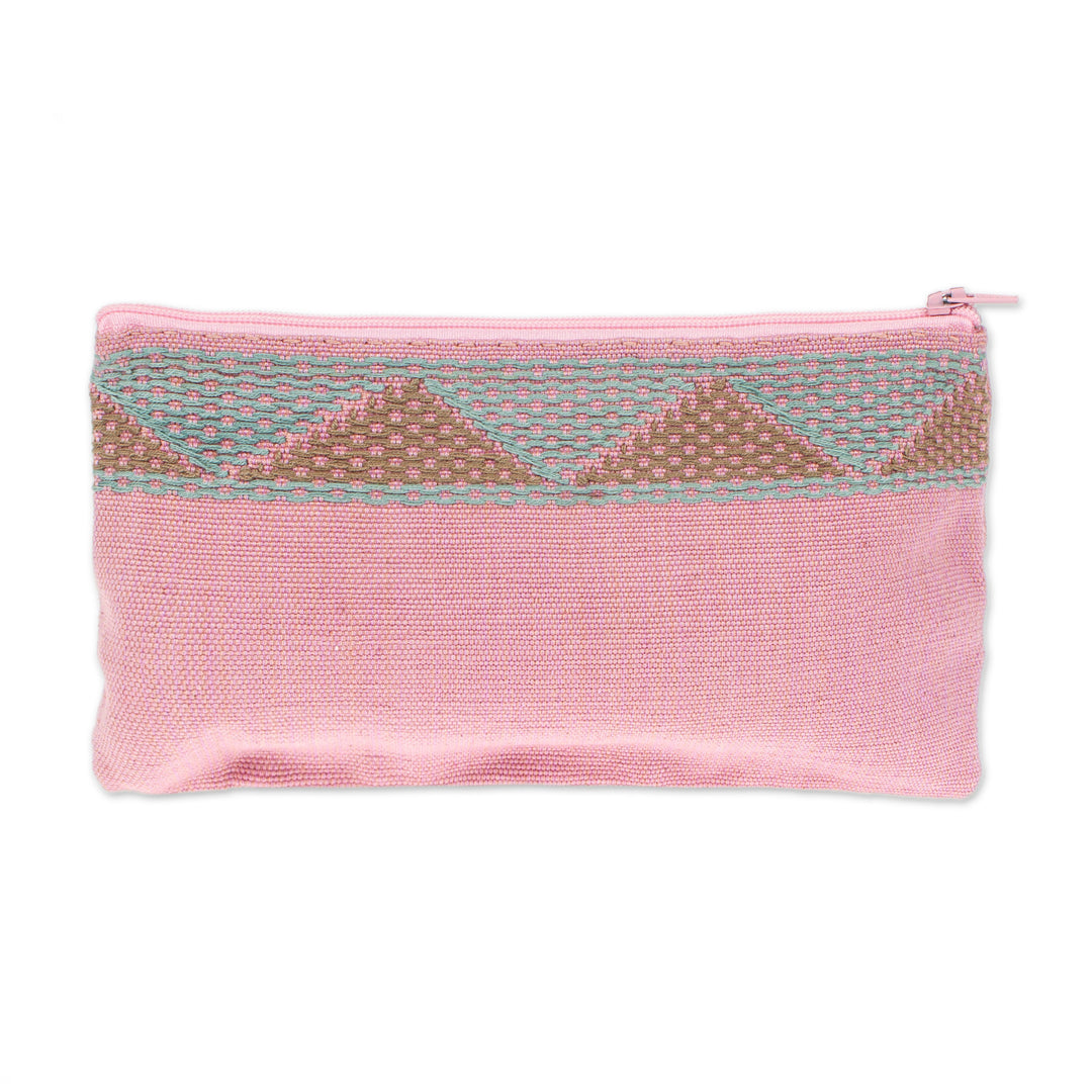 Triangle-Patterned Aloe and Pink 100% Cotton Coin Purse - Aloe Pink