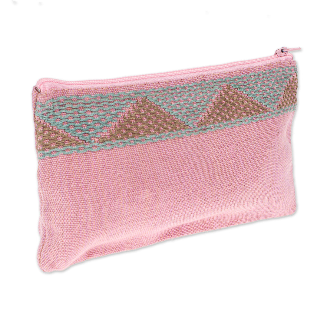 Triangle-Patterned Aloe and Pink 100% Cotton Coin Purse - Aloe Pink