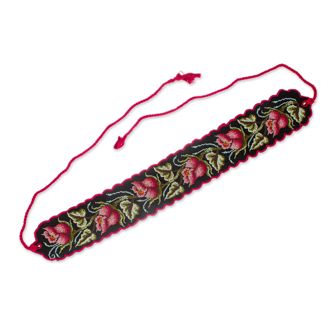 Spring-Themed Handwoven Ruby and Black Cotton Obi Wrap Belt - Ruby Bloom