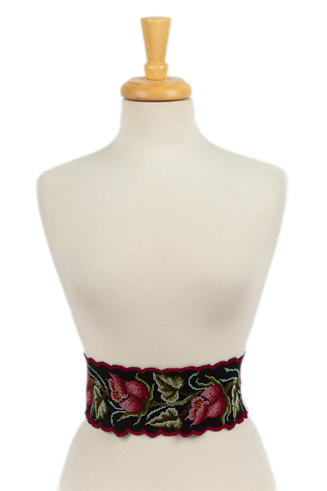 Spring-Themed Handwoven Ruby and Black Cotton Obi Wrap Belt - Ruby Bloom