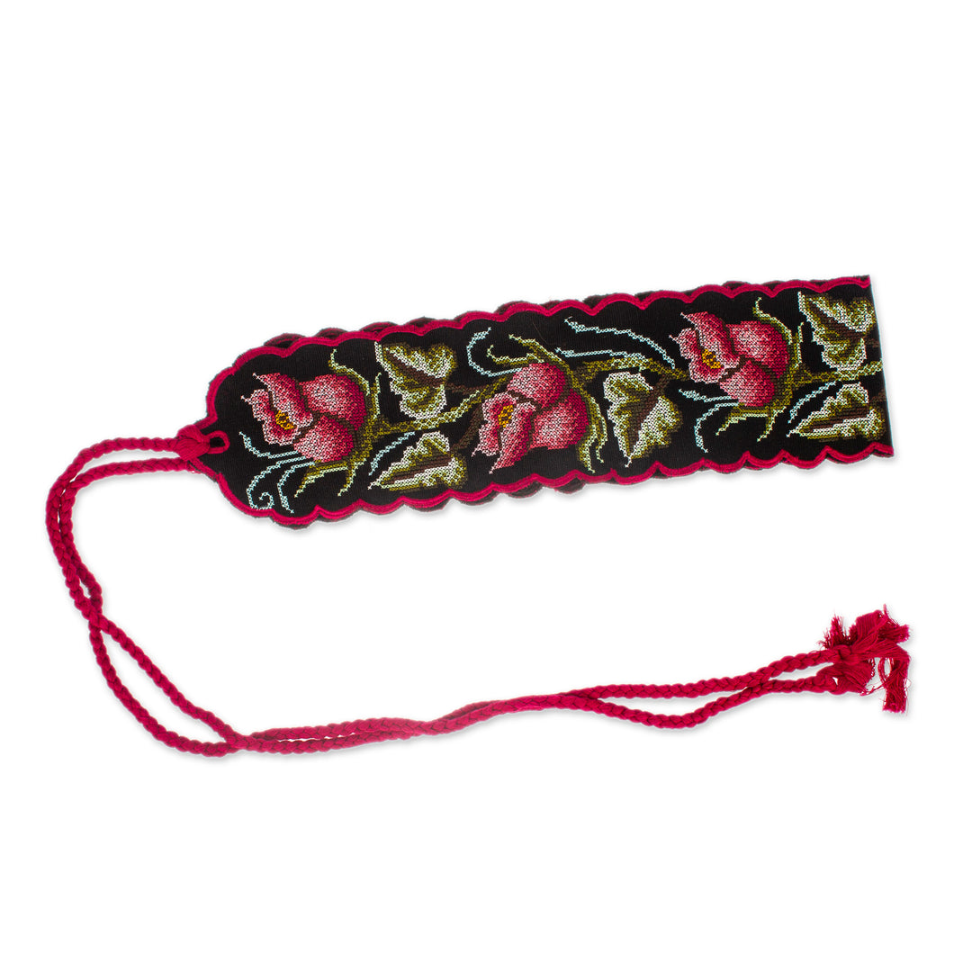 Spring-Themed Handwoven Ruby and Black Cotton Obi Wrap Belt - Ruby Bloom