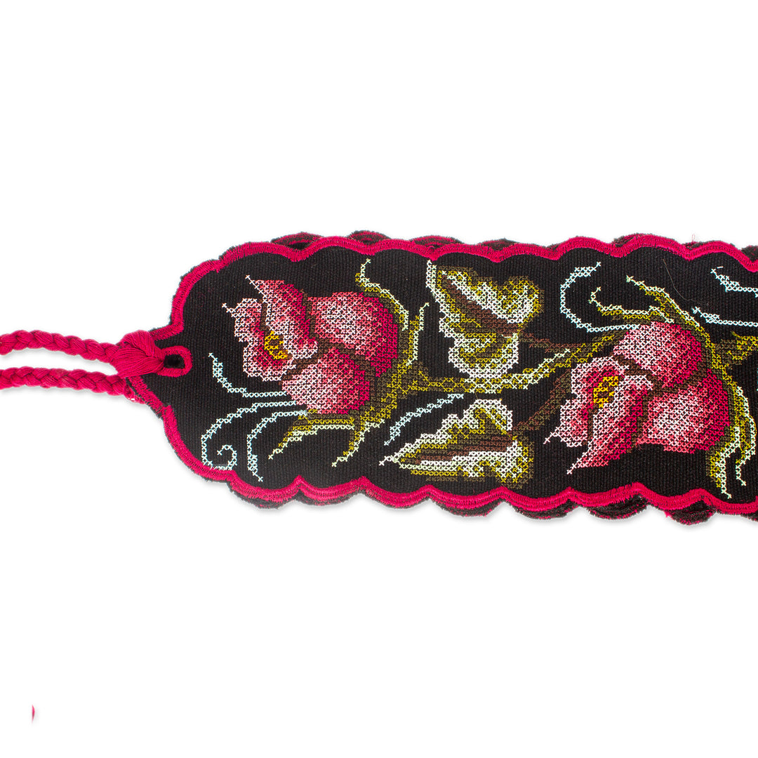 Spring-Themed Handwoven Ruby and Black Cotton Obi Wrap Belt - Ruby Bloom