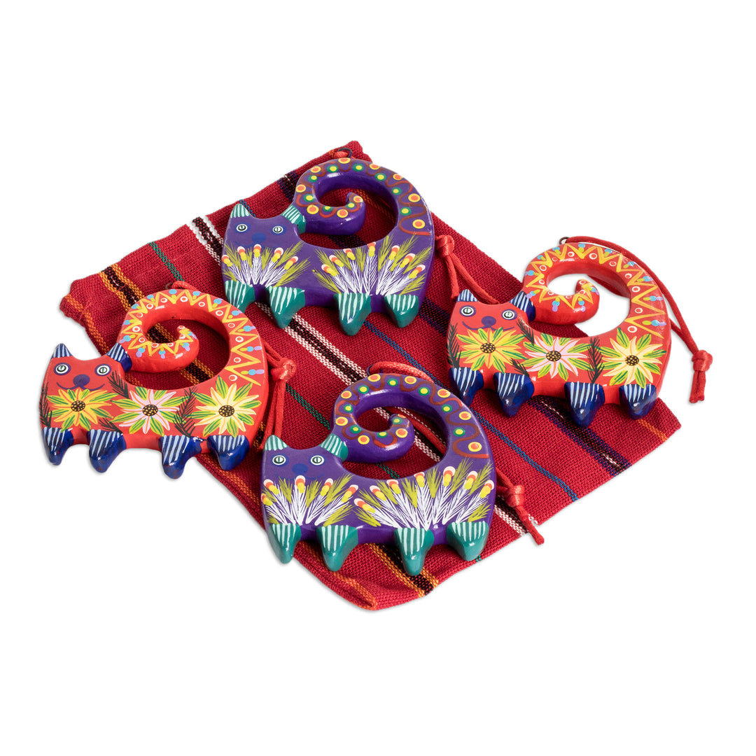 4 Hand-Painted Cat-Shaped Ceramic Ornaments from Guatemala - Celebration Cats