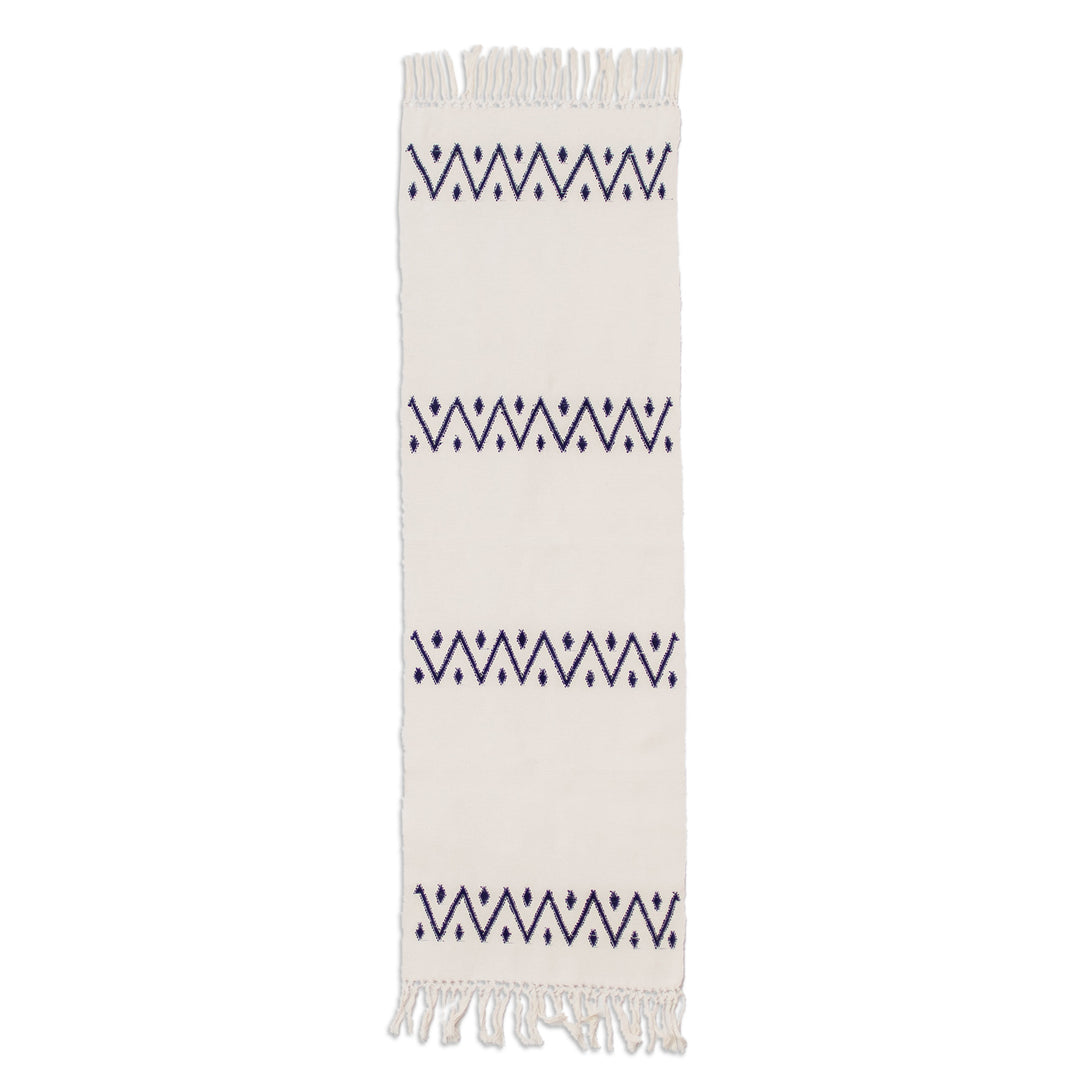Hand-Loomed Geometric Fringed Ivory Cotton Table Runner - Geometric Dreams