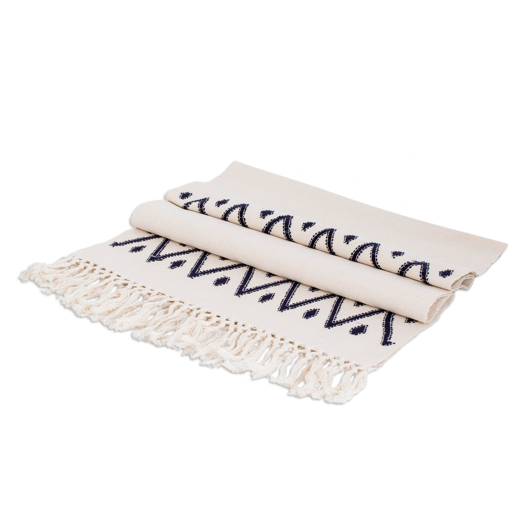 Hand-Loomed Geometric Fringed Ivory Cotton Table Runner - Geometric Dreams