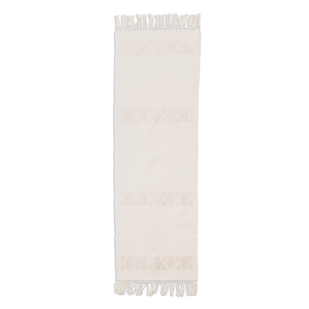 Handloomed Ivory Beige Geometric-Themed Cotton Table Runner - Subtle Elegance