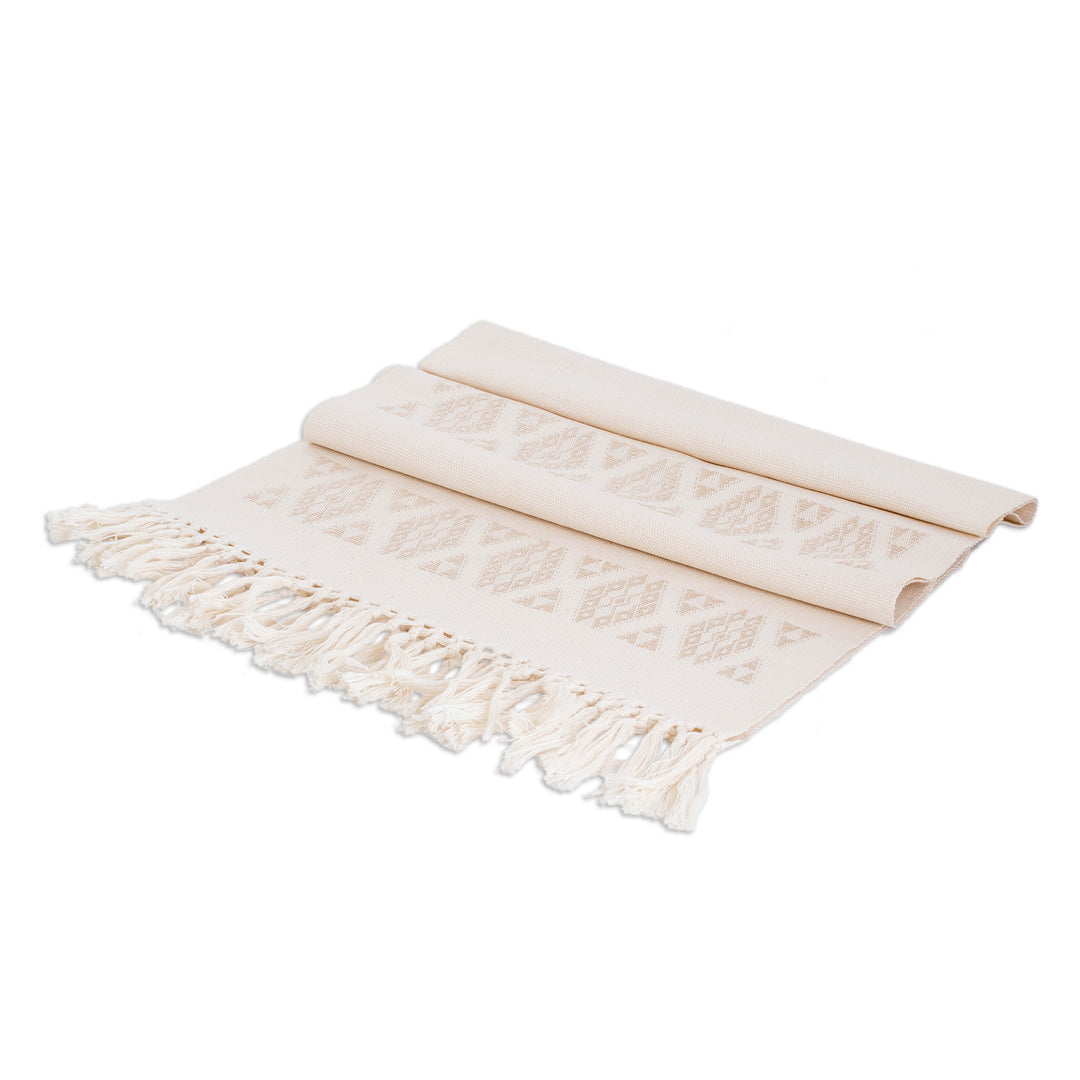 Handloomed Ivory Beige Geometric-Themed Cotton Table Runner - Subtle Elegance