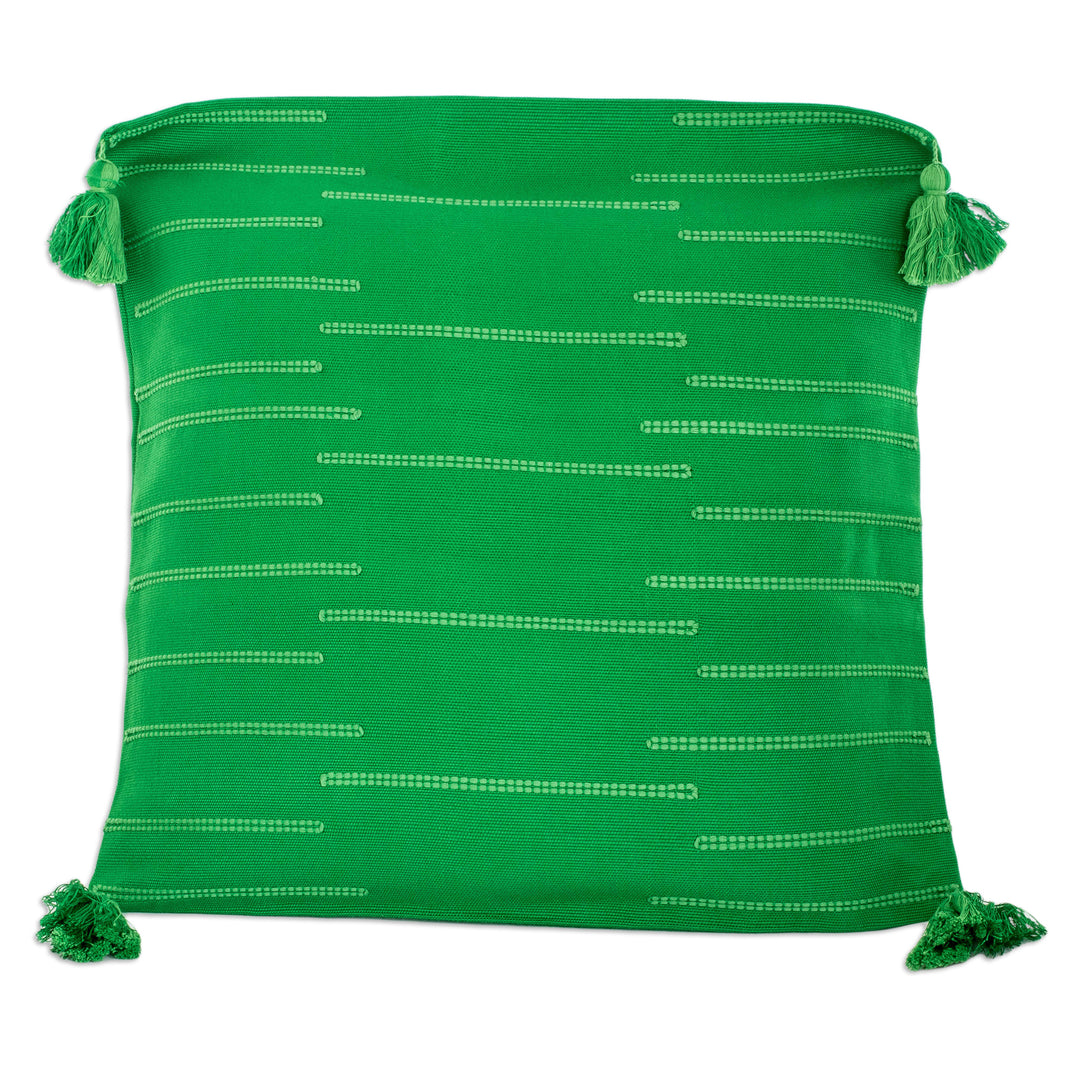 Embroidered Cotton Cushion Cover in Green with Tassels - Leafy Glades