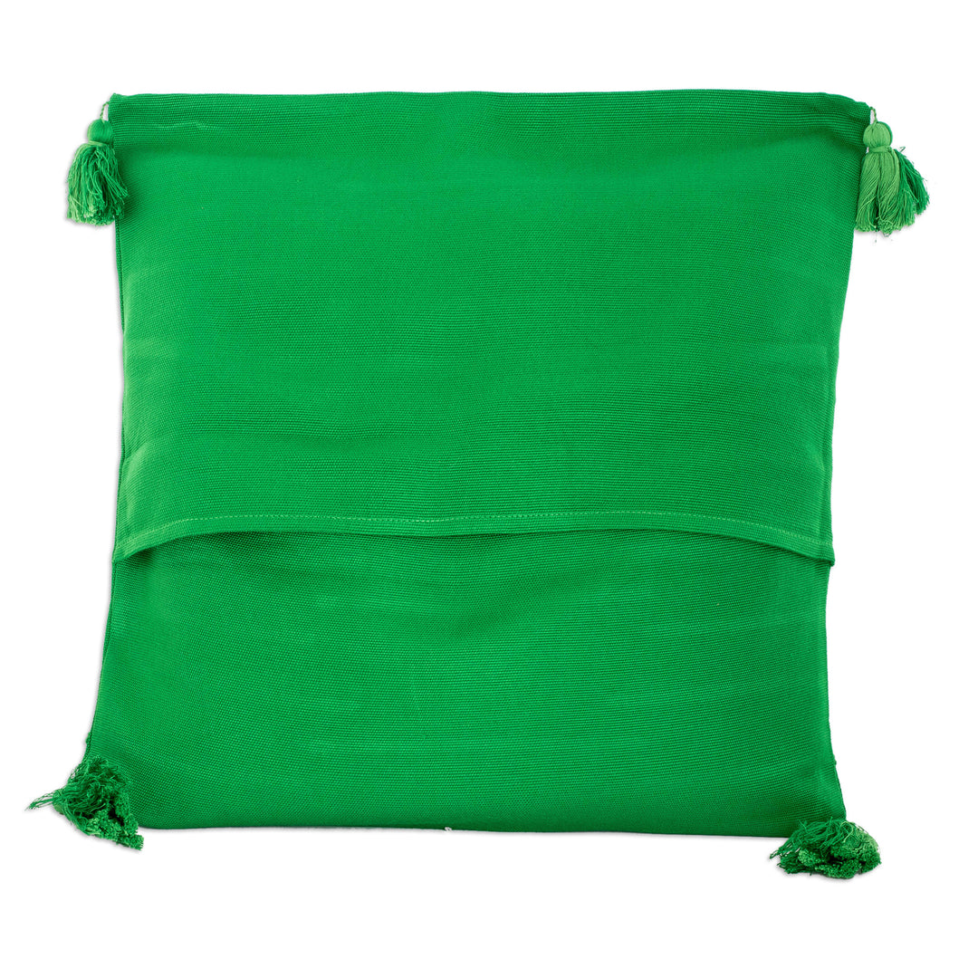 Embroidered Cotton Cushion Cover in Green with Tassels - Leafy Glades