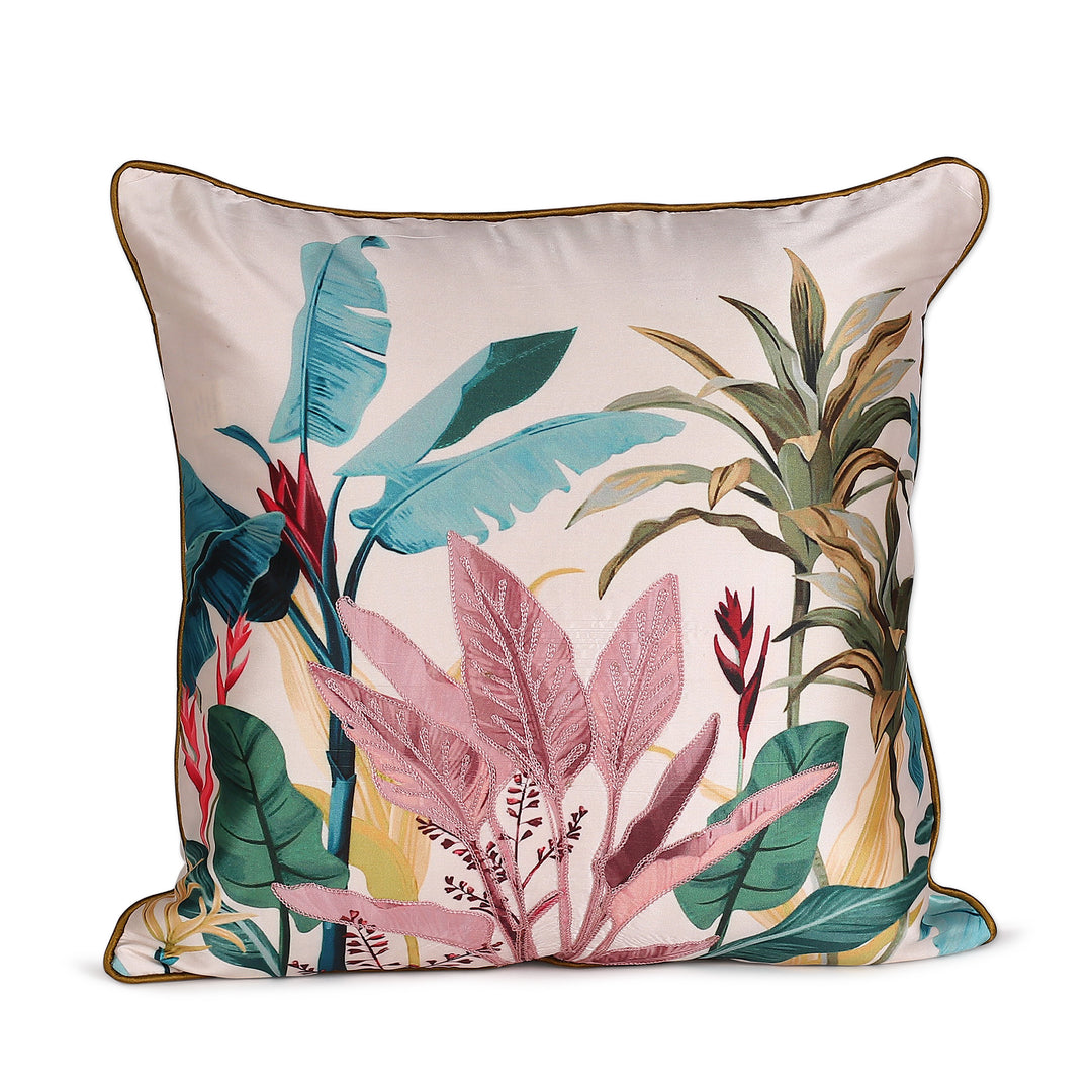 Nature-Themed Embroidered Cushion Cover Pair Made in India - Tropical Lux