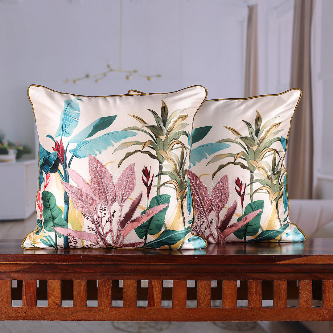 Nature-Themed Embroidered Cushion Cover Pair Made in India - Tropical Lux