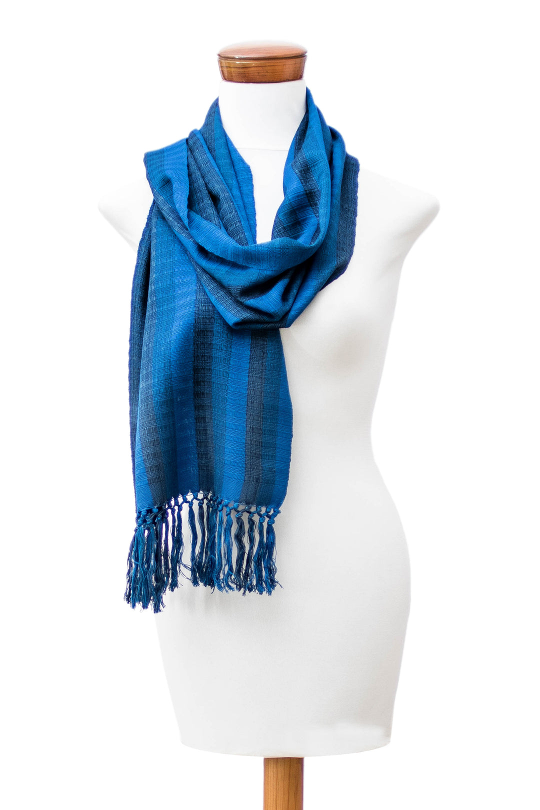 Striped Fringed Hand-Loomed Cotton Scarf in Blue Shades - Endless Sky