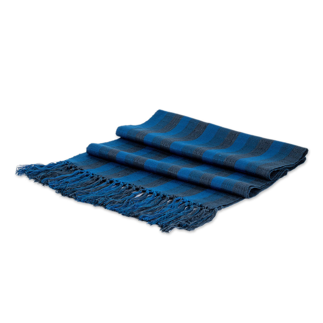 Striped Fringed Hand-Loomed Cotton Scarf in Blue Shades - Endless Sky