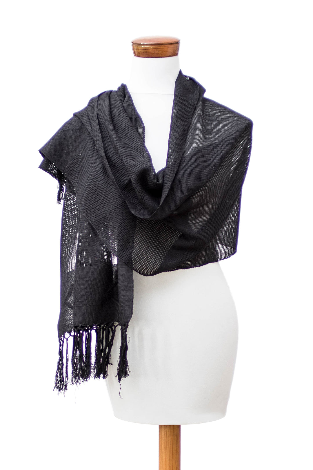 Hand-Woven Black Cotton Scarf with Fringe and Rhombus Motifs - Black Geometric Charm