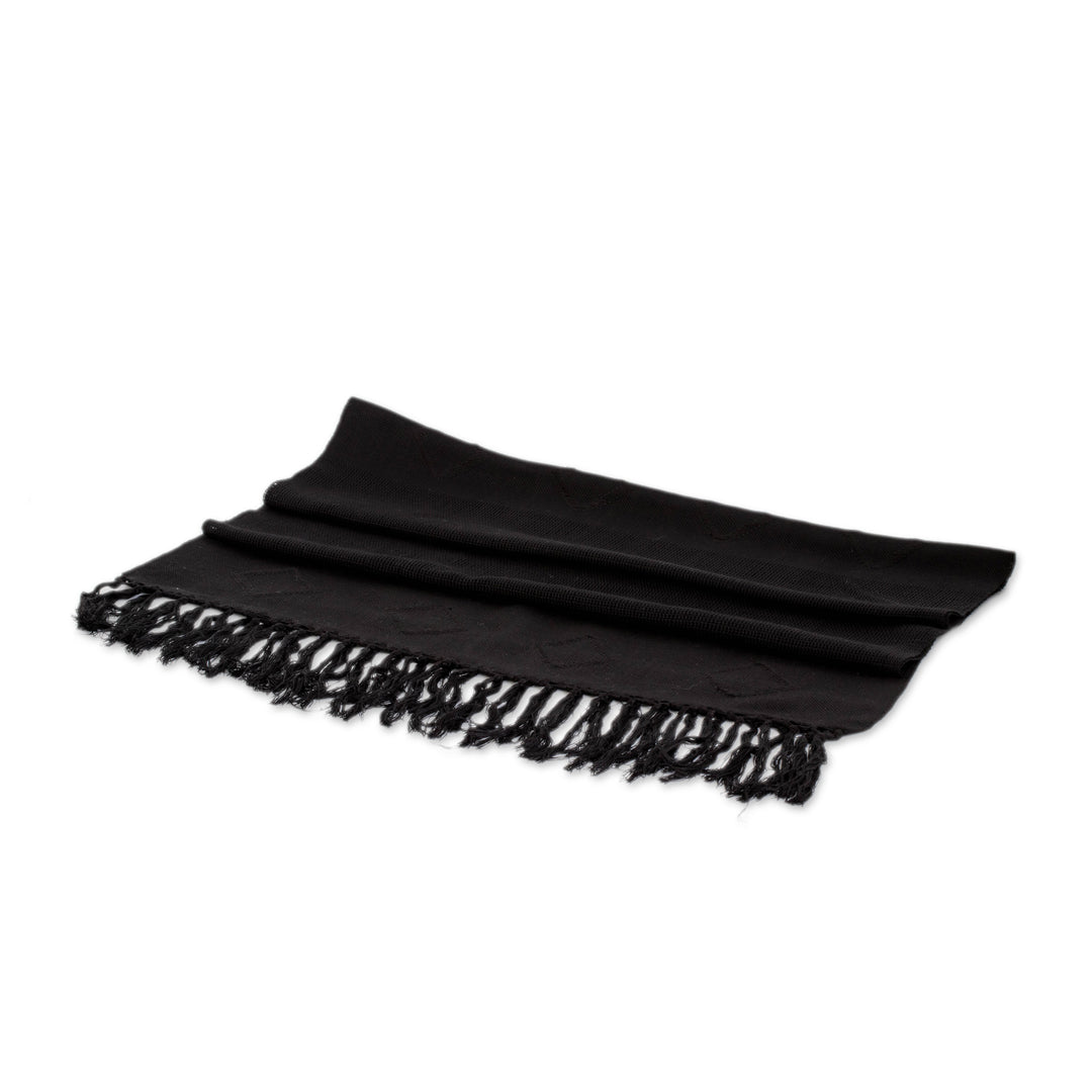 Hand-Woven Black Cotton Scarf with Fringe and Rhombus Motifs - Black Geometric Charm