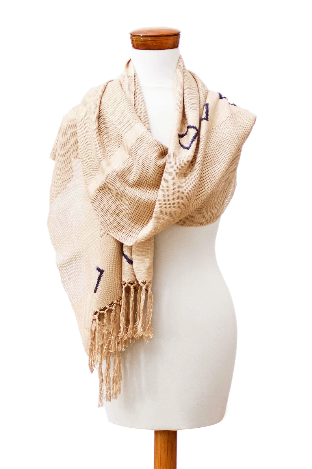 Rhombus-Themed Beige Blue Handloomed Fringed Cotton Scarf - Geometric Charm