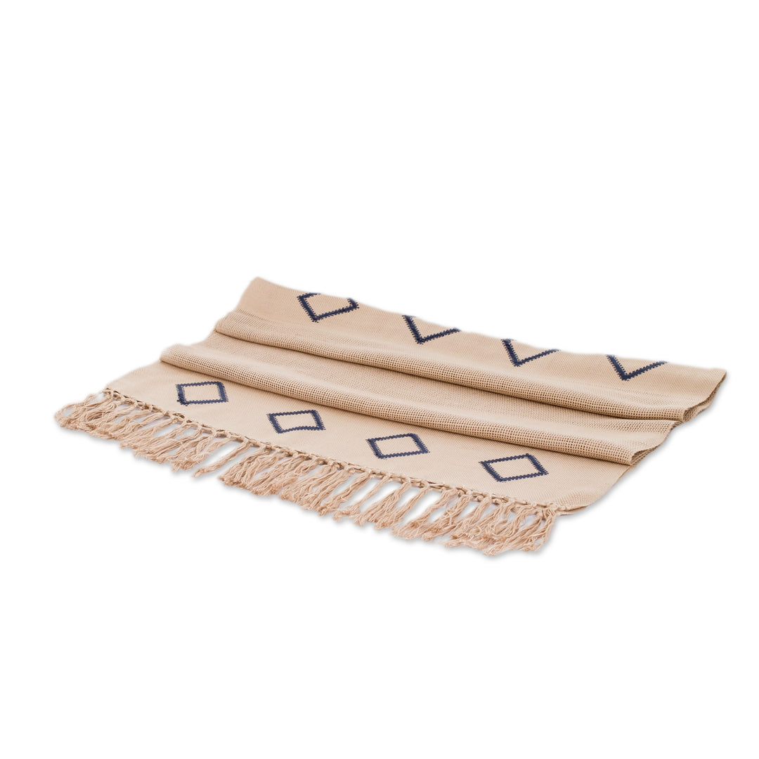 Rhombus-Themed Beige Blue Handloomed Fringed Cotton Scarf - Geometric Charm