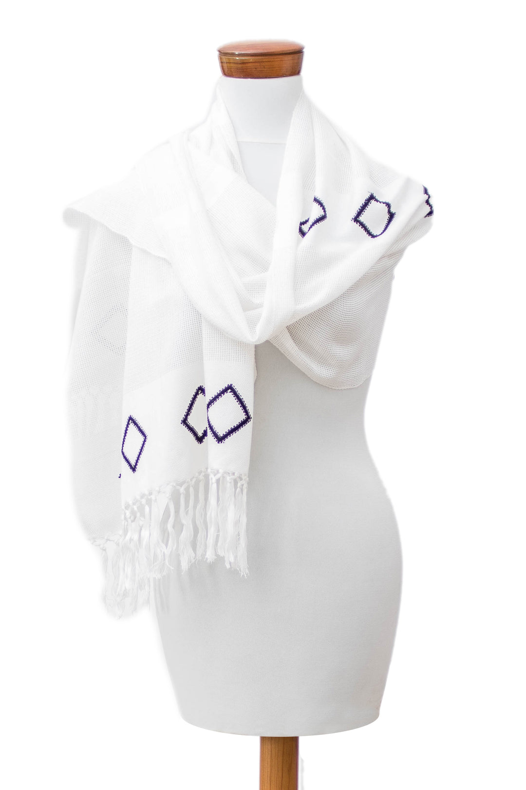 Handwoven Fringed White Cotton Scarf with Rhombus Motifs - White Geometric Charm