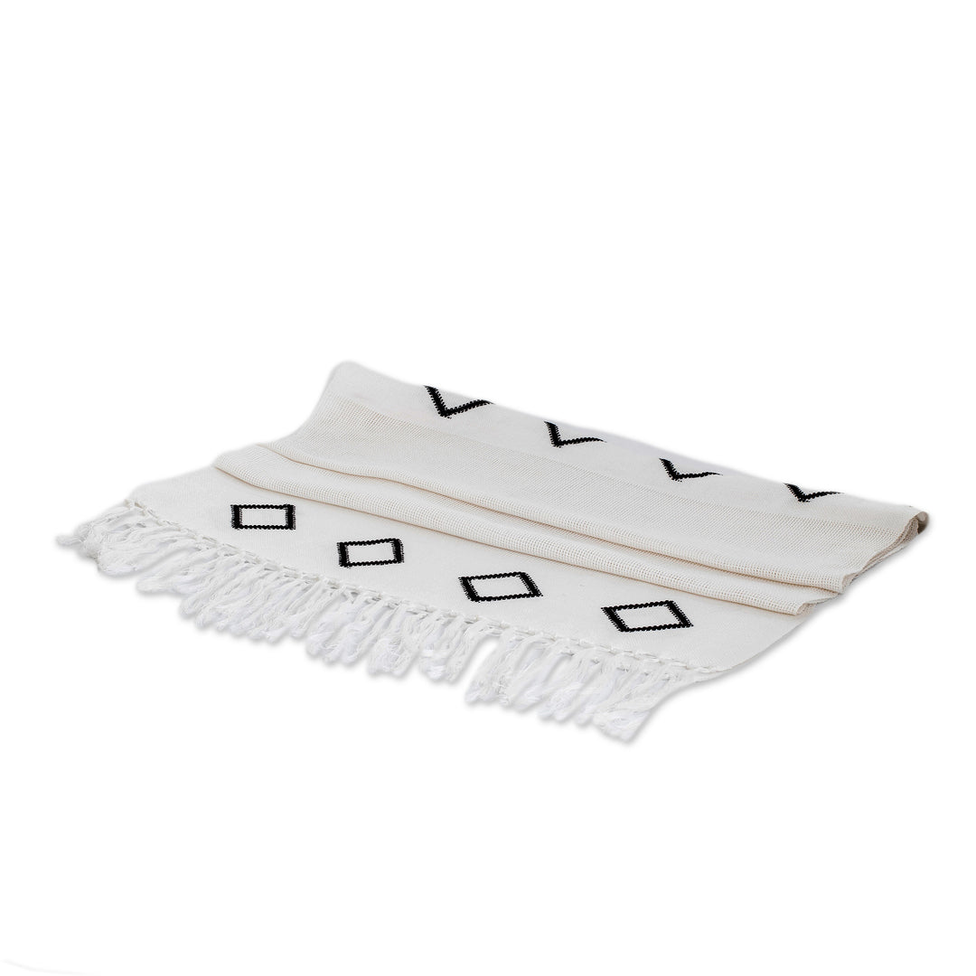 Handwoven Fringed White Cotton Scarf with Rhombus Motifs - White Geometric Charm