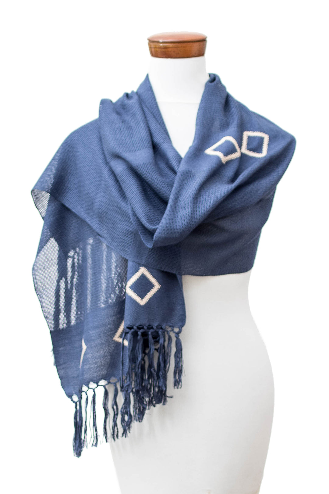 Geometric-Themed Hand-Woven Fringed Cotton Scarf in Blue Hue - Blue Geometric Charm