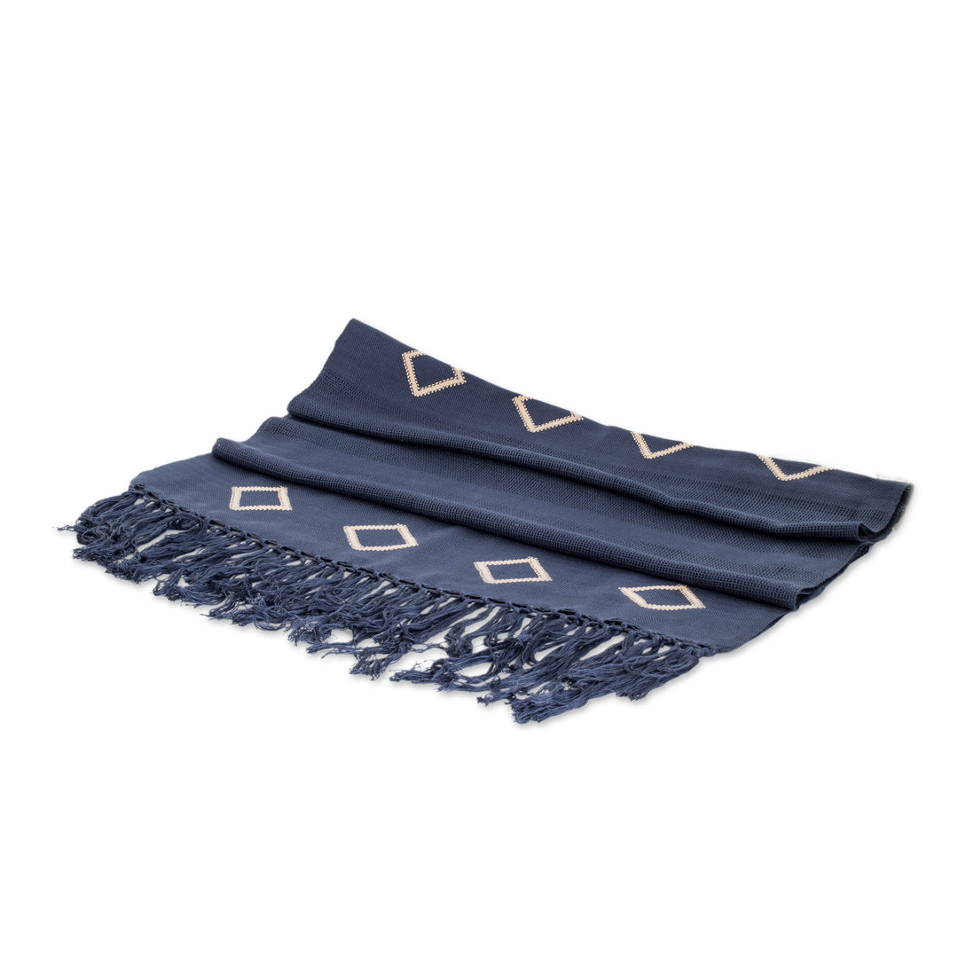 Geometric-Themed Hand-Woven Fringed Cotton Scarf in Blue Hue - Blue Geometric Charm